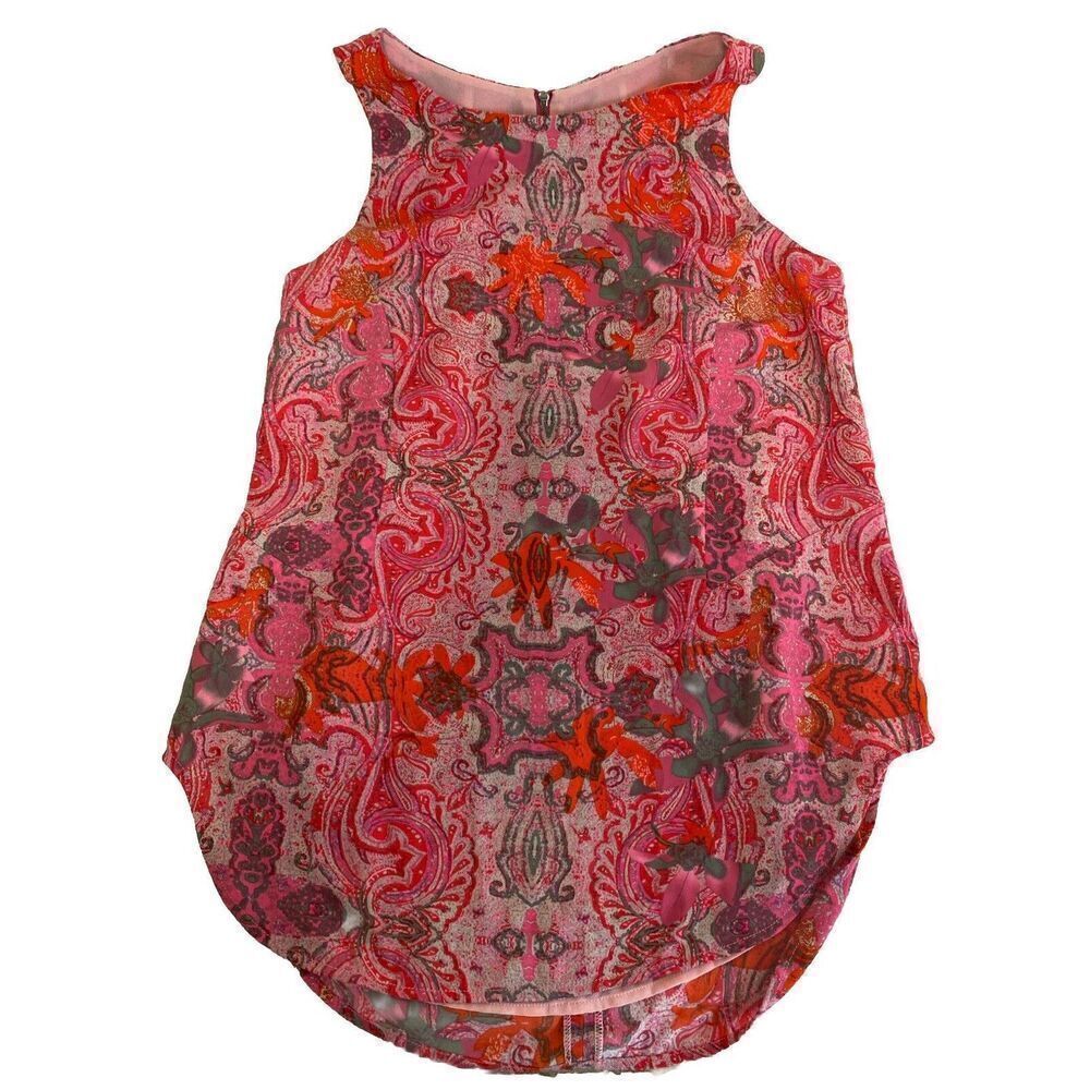 Womens CAbi Top‎ Sleeveless Lined Silky Tunic Blouse Abstract Pink Orange Small